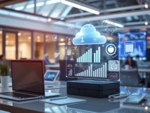 Digital transformation in business, showcasing modern technology like cloud computing, AI, and data analytics to streamline operations and enhance decision-making.