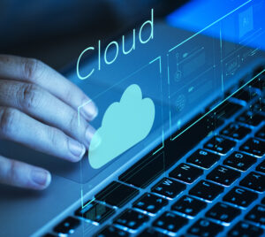 Accountant using cloud computing software on a laptop to manage financial data securely