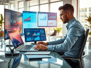 Illustration of an accountant working with digital tools on a laptop, surrounded by icons representing automation, AI, and cloud computing.
