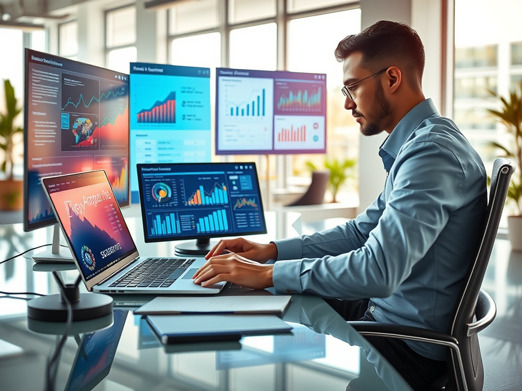 Illustration of an accountant working with digital tools on a laptop, surrounded by icons representing automation, AI, and cloud computing.