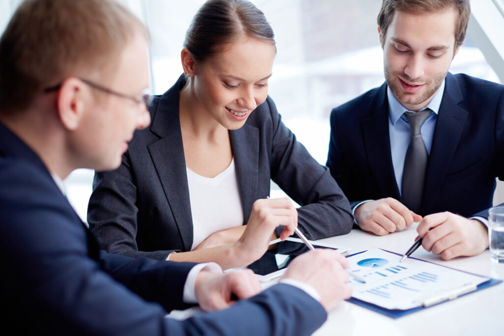 Tax adviser using AI technology for automated document processing and client consultation in modern office