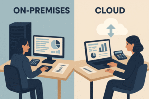 Illustration showing cloud computing and on-premises servers side by side