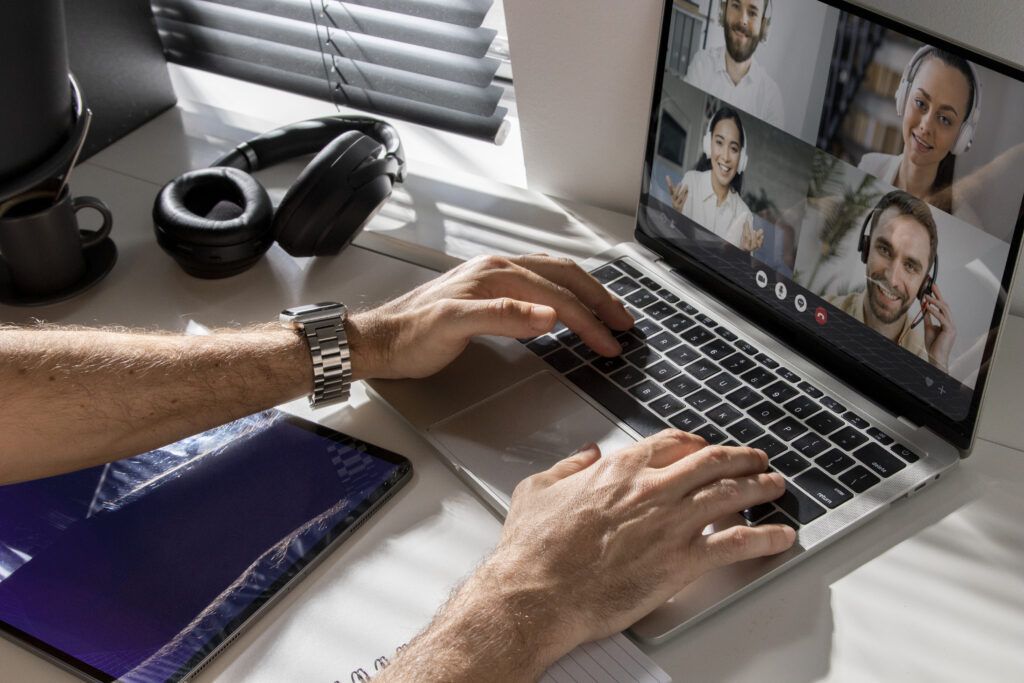 Professionals performing remote accounting with cloud-based tools, sharing reports, and communicating virtually.